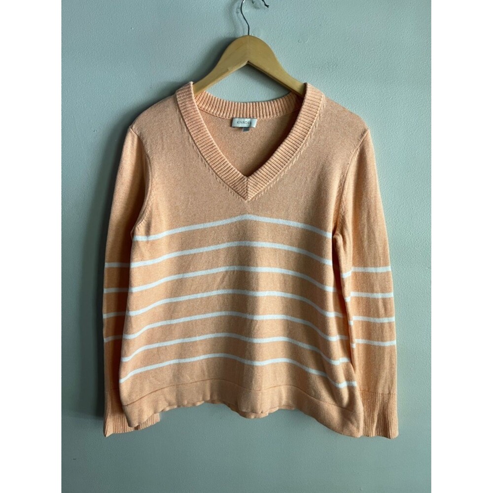 Kinross Cotton Striped Sweater Large Peach White V Neck Lightweight Knit